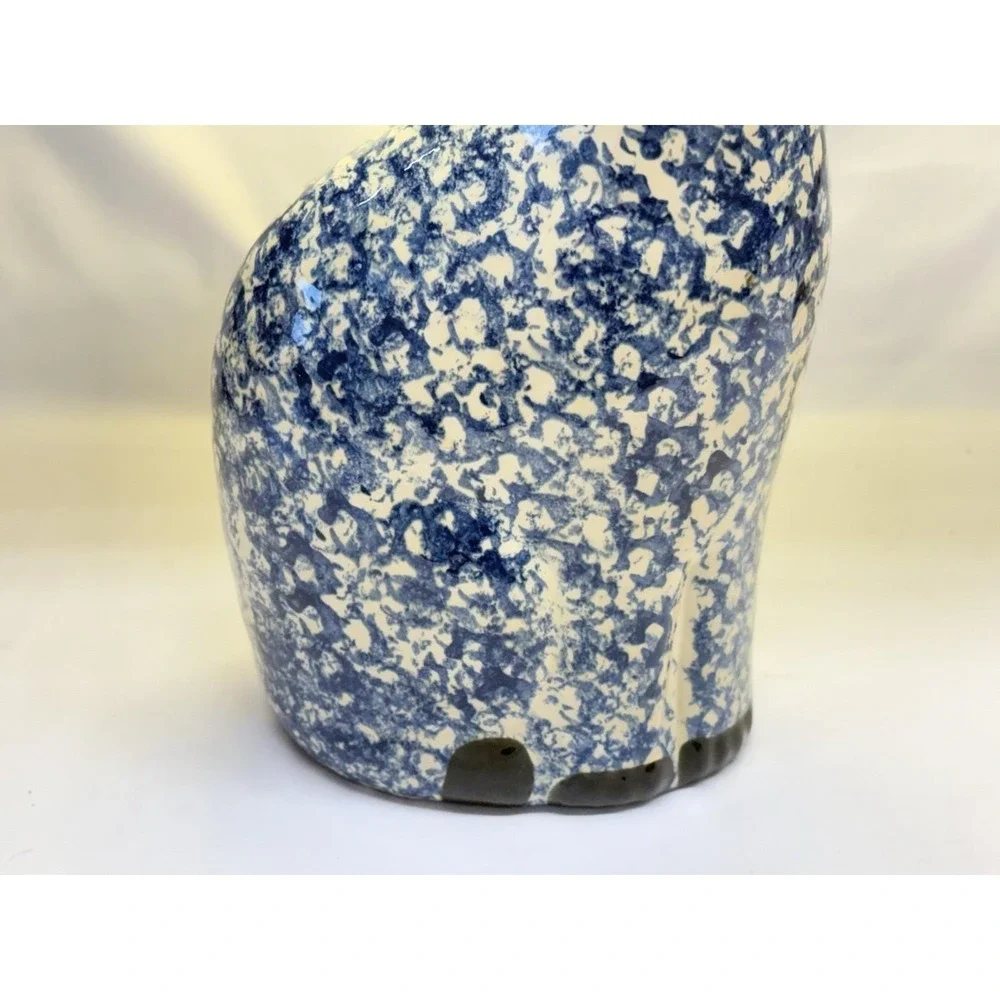 VTG Blue White Ceramic Sitting Cat Figurine Statue 8.5